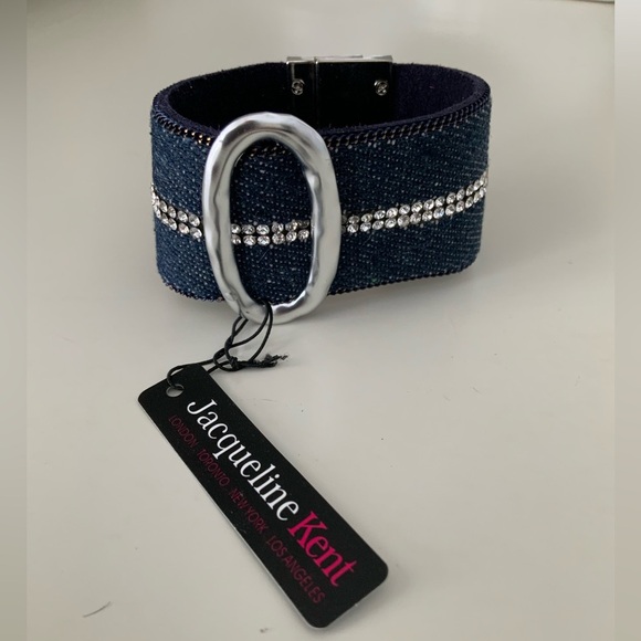 JACQUELINE KENT Denim Crystal Turn Lock Silver Statement Cuff Bracelet BRAND NEW - Picture 1 of 16